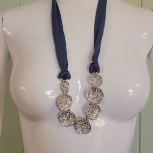 Anthropologie silver rhinestone blue ribbon necklace